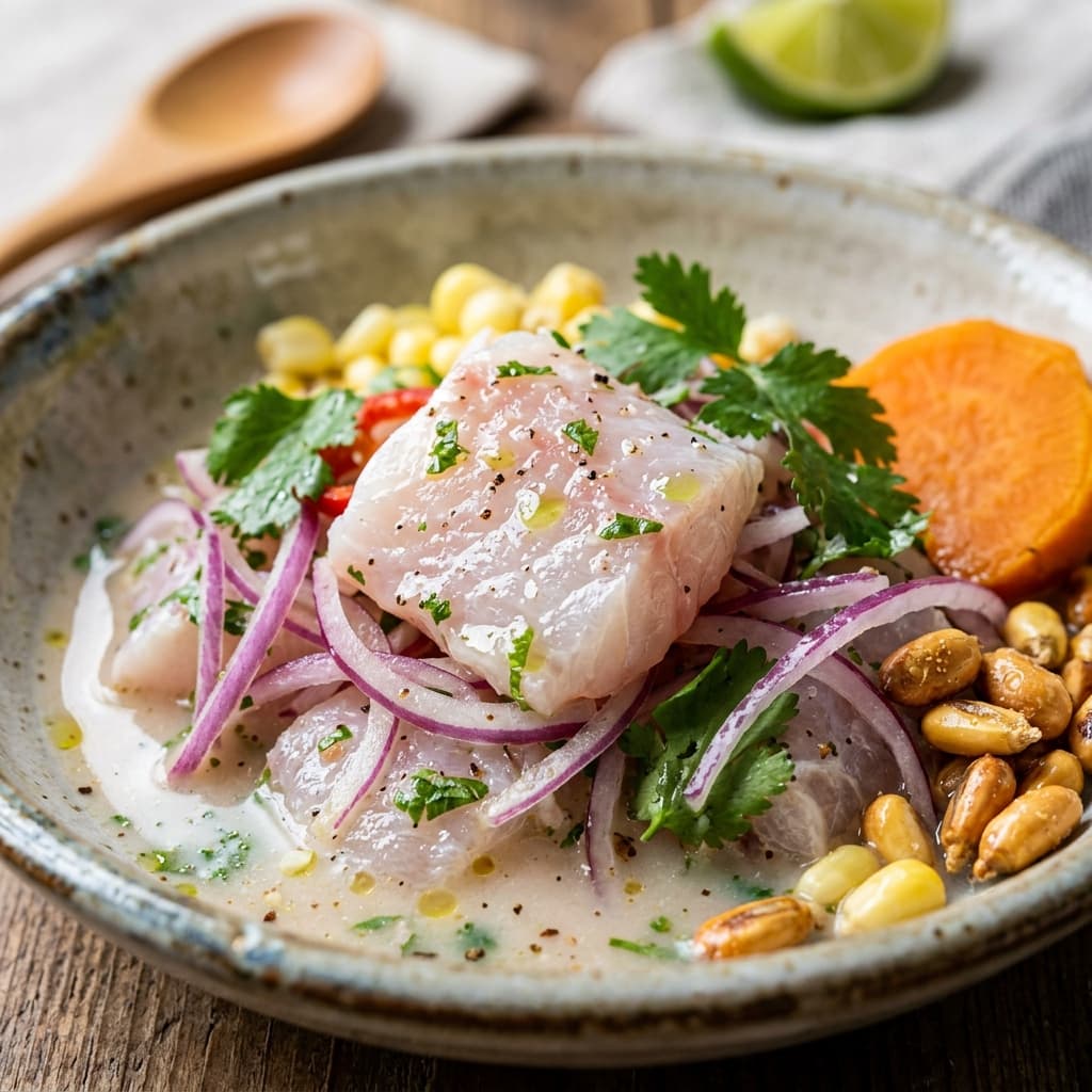 Macro fotografía de ceviche peruano fresco con colores vibrantes y gotas de agua
