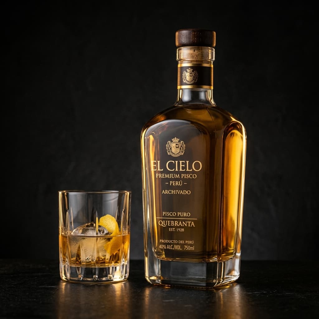Fotografía comercial de lujo de botella de pisco con iluminación golden rim